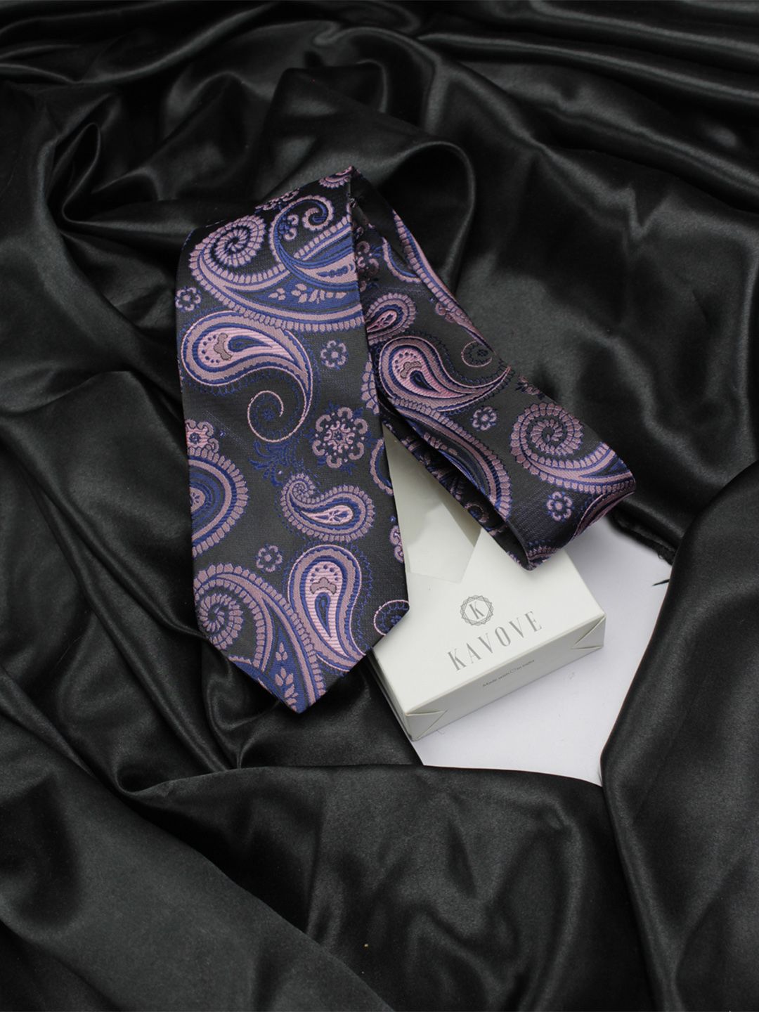 kavove KOVOVE Men Black & Pink Paisley Woven Design Broad Tie-picture-39