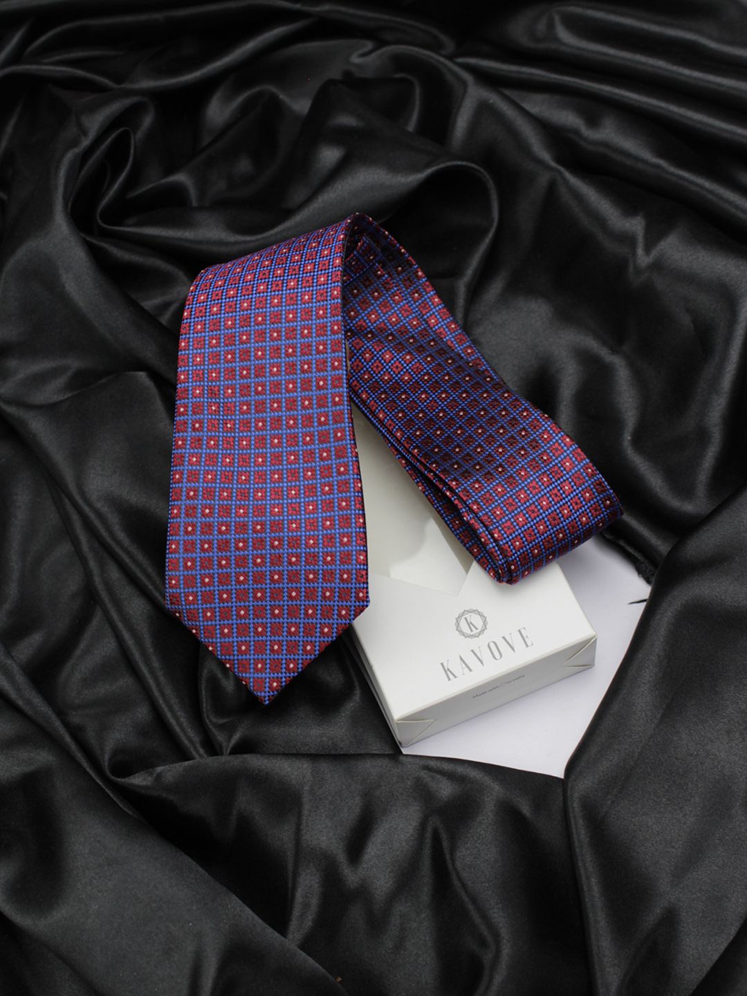 KOVOVE Men Maroon & Blue Checked Broad Tie-image-34