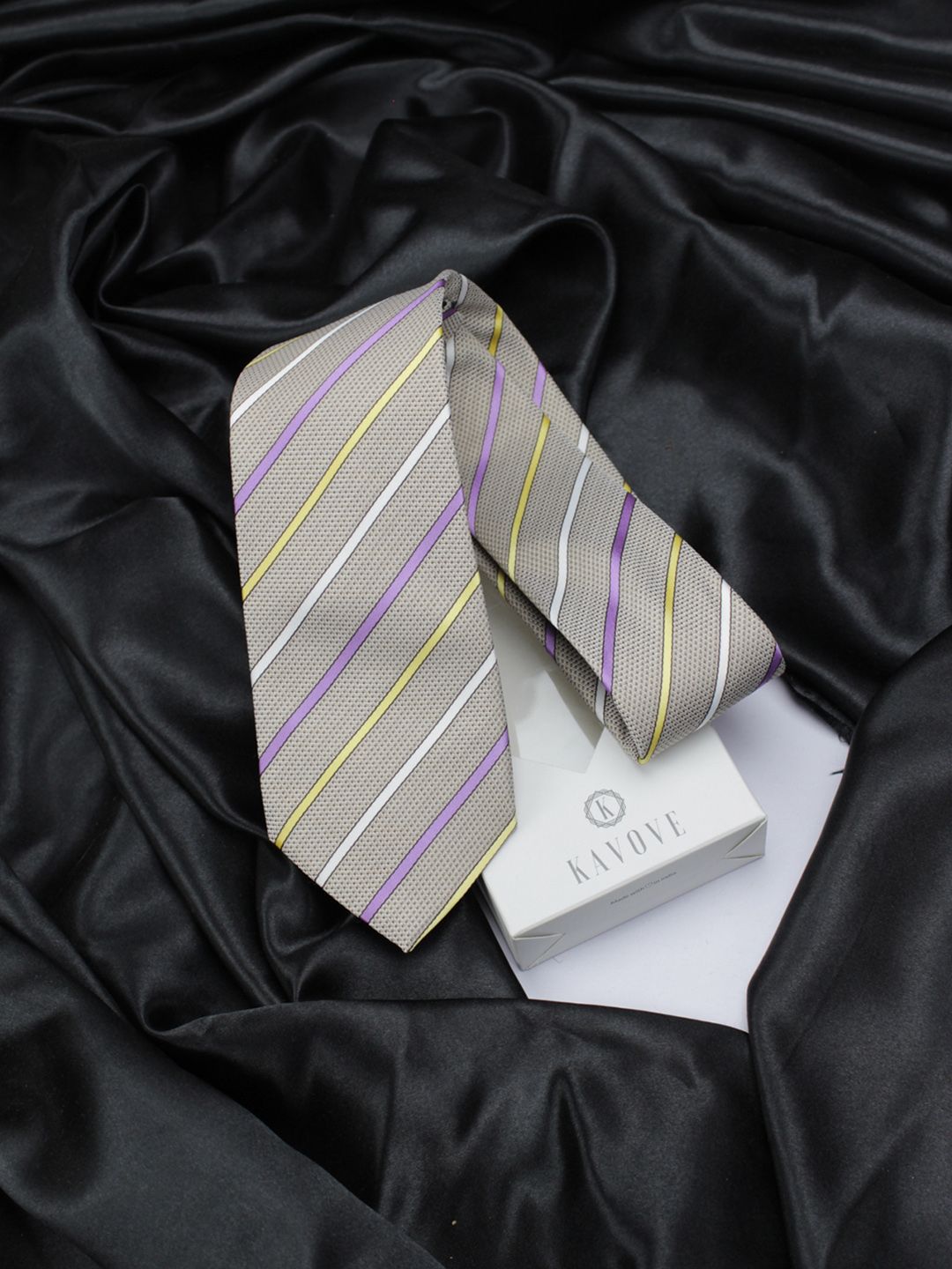 kavove KOVOVE Men Grey & Yellow Striped Broad Tie-picture-38