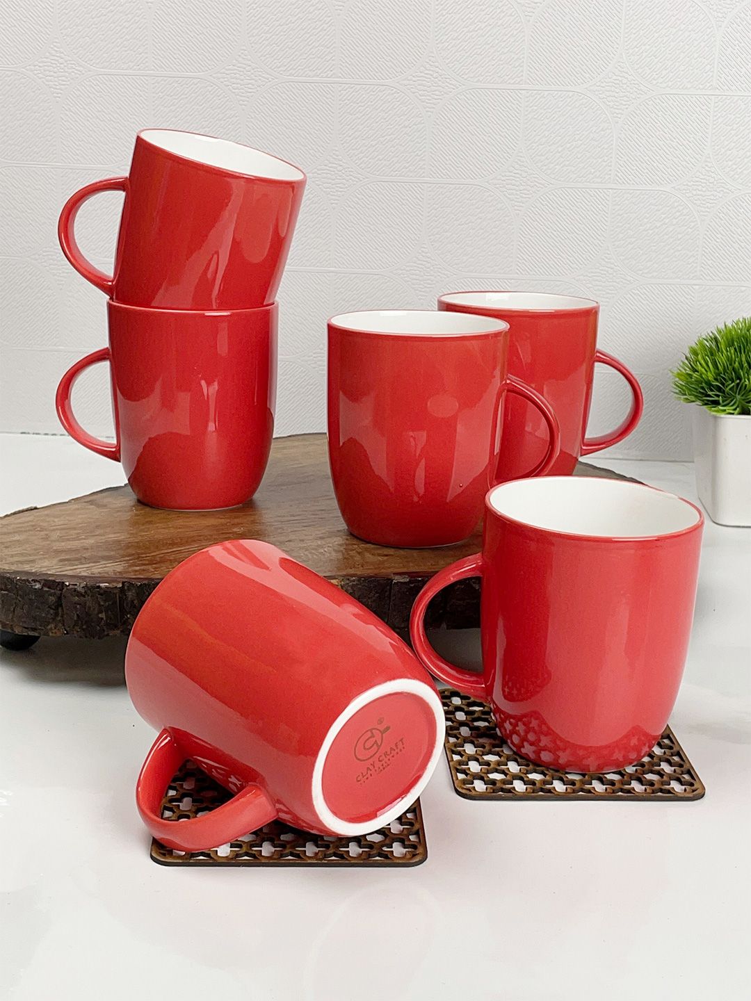 CLAY CRAFT Set Of 6 Red Solid Ceramic Coffee Mug-image-23