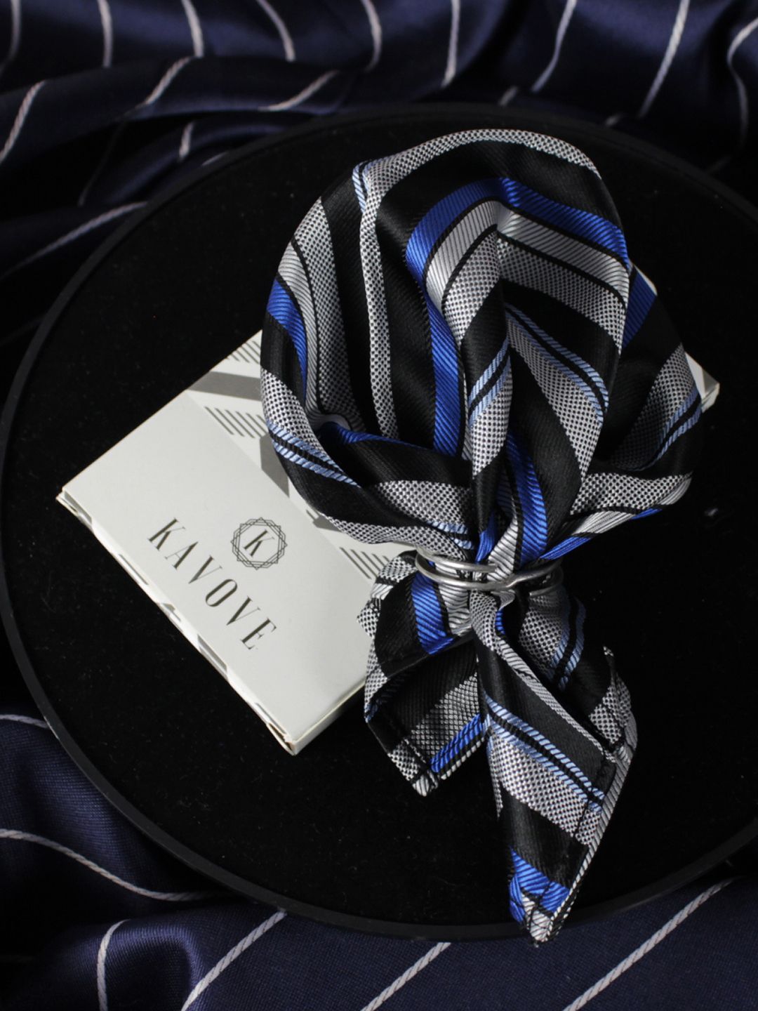 KOVOVE Men Grey & Blue Striped Pocket Square-image-44