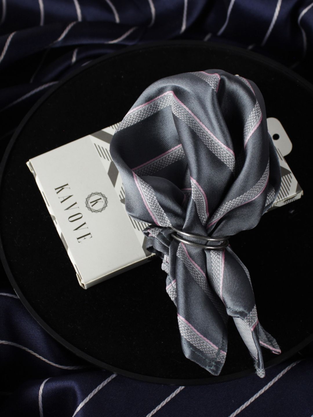 kavove KOVOVE Men Grey & White The Striped Desire Pocket Square-picture-36