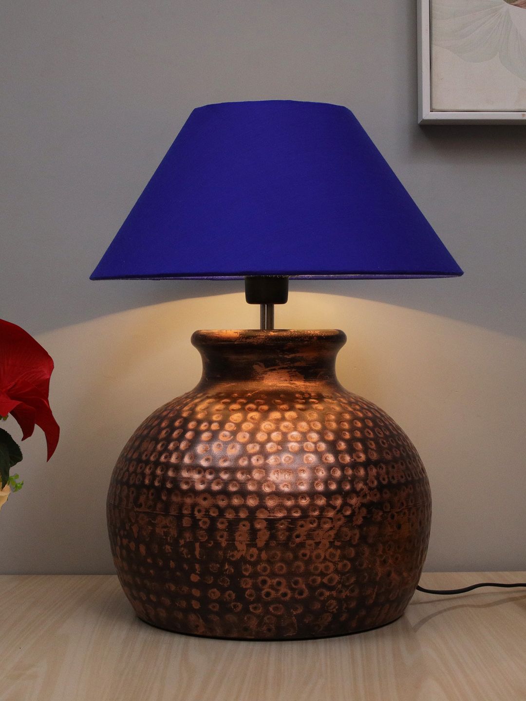 Homesake Bronze-Coloured Oil-Rubbed Pot Antique Hammered Table Lamp With Blue Shade-image-6