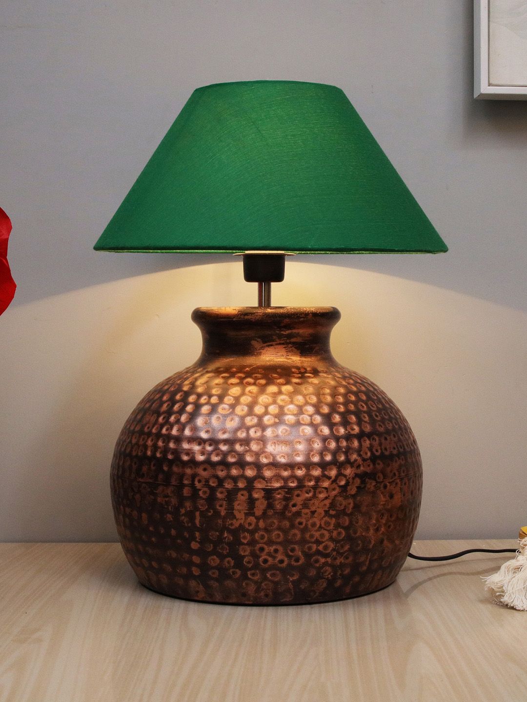Homesake Copper-Toned & Green Pot Antique Hammered Table Lamp With Shade-image-27