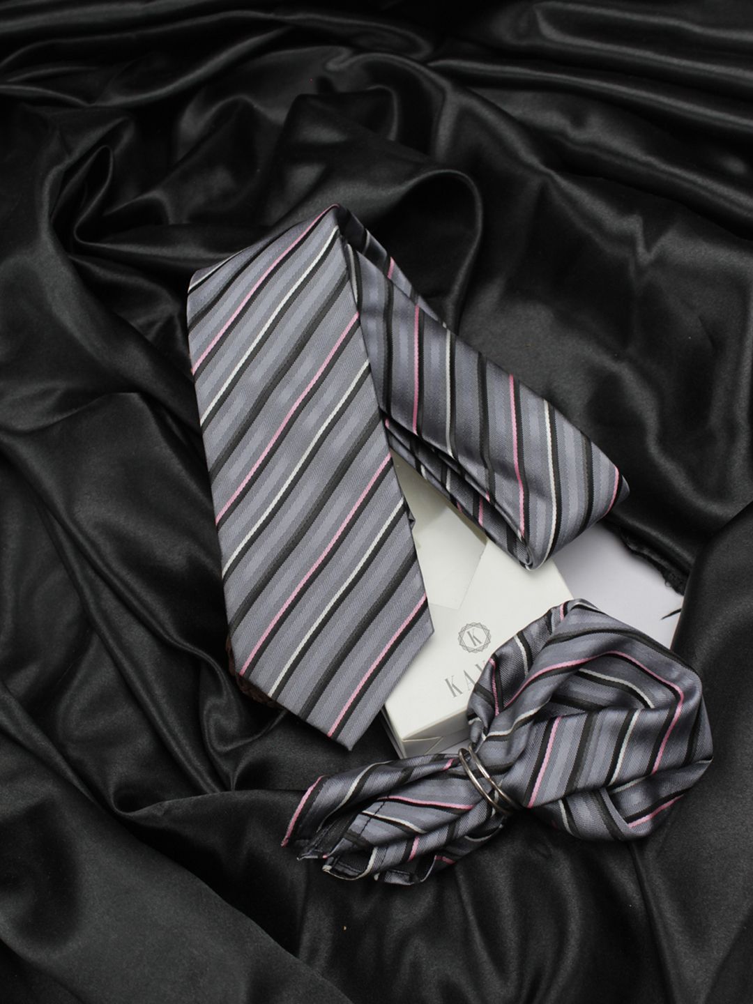 kavove KOVOVE Men Grey Striped Neck Tie & Pocket Square Accessory Gift Set-picture-32