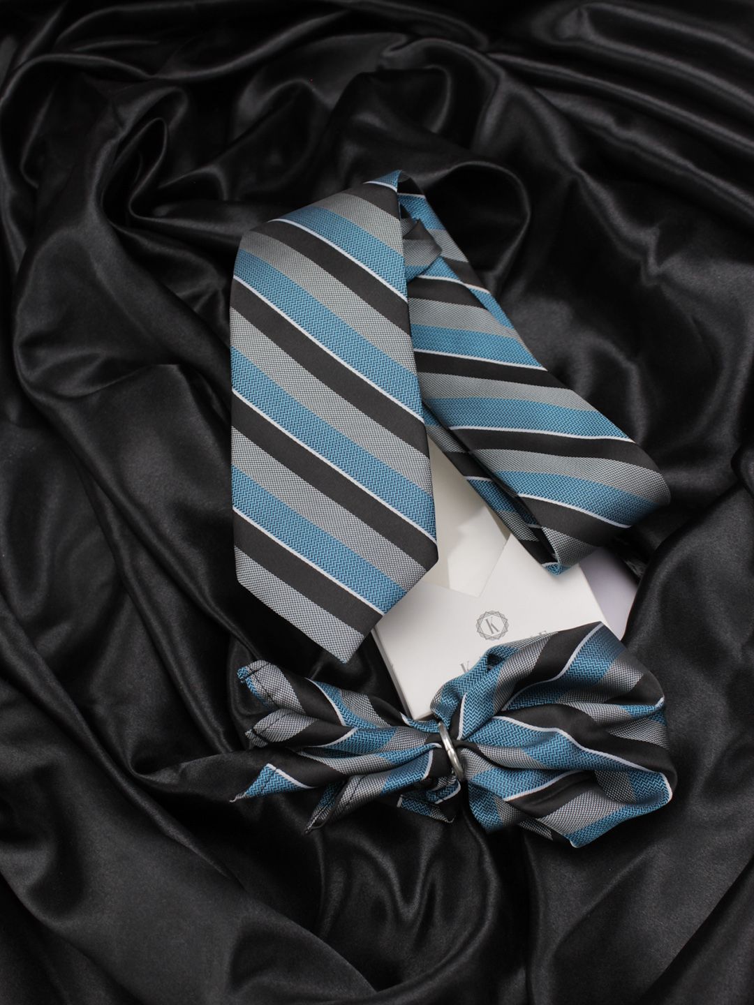 kavove KOVOVE Men Black & Blue Striped Neck Tie & Pocket Square Accessory Gift Set-picture-42