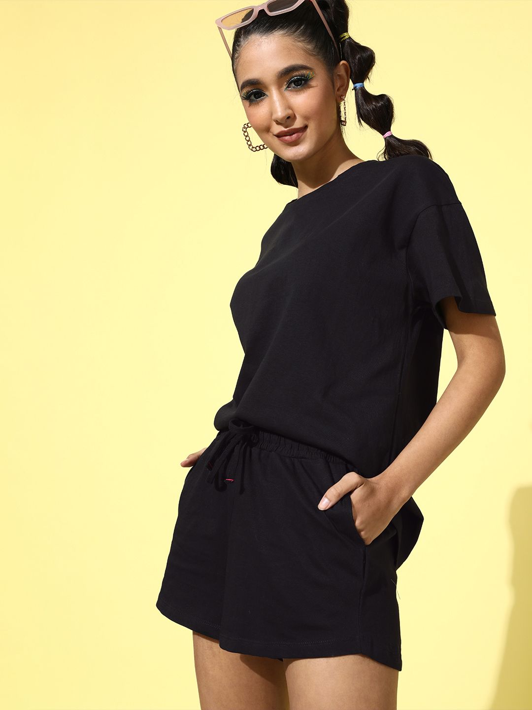 Roadster Women Black Solid T-shirt with Shorts