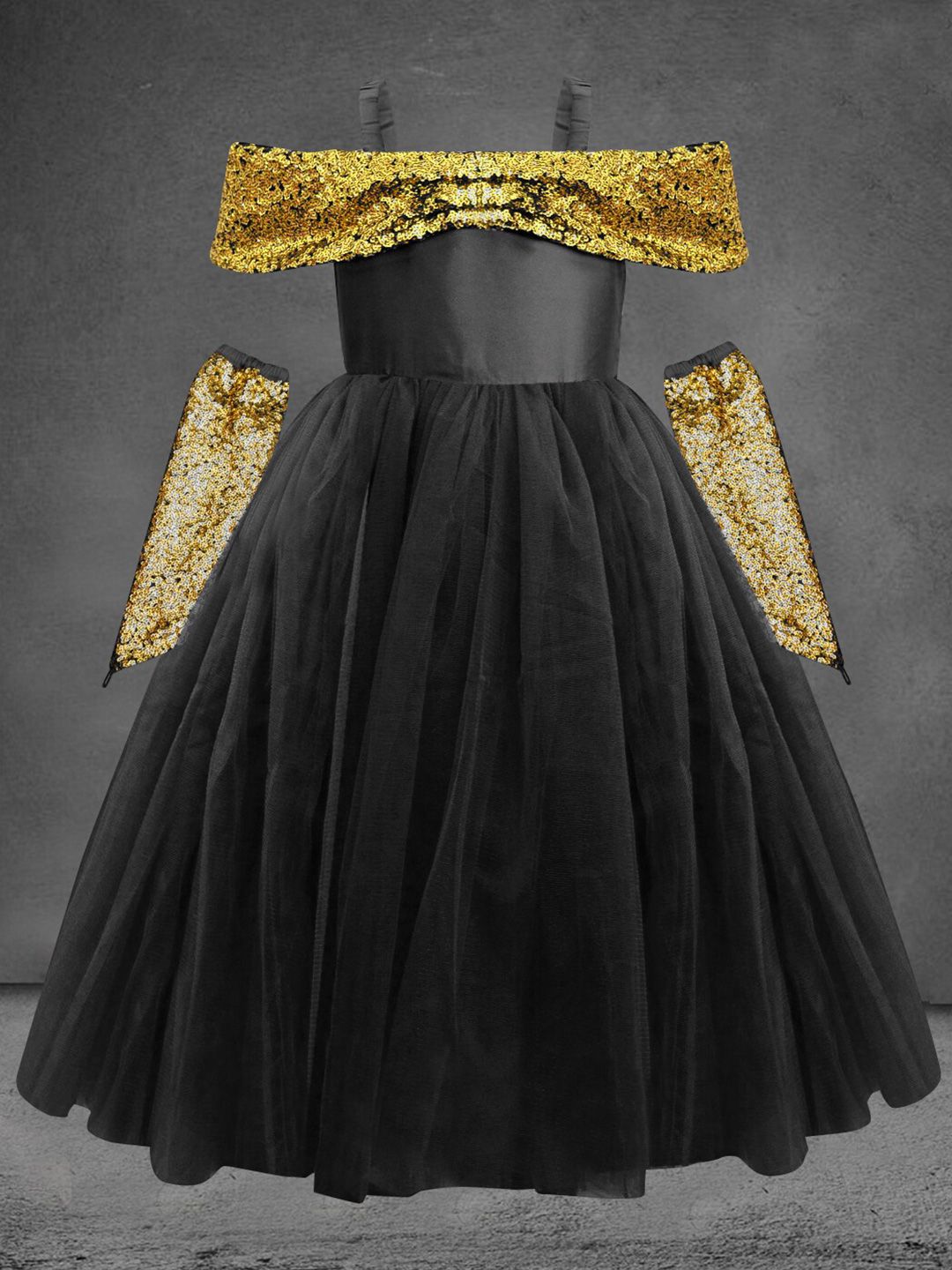 A.T.U.N. Girls Black & Gold-Toned Off-Shoulder Net Maxi Dress with Gloves-picture-37