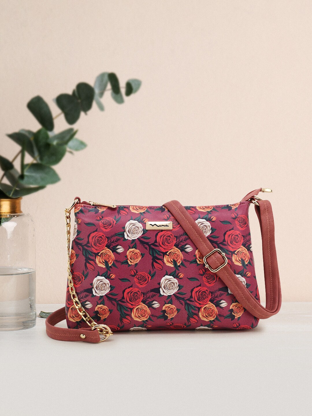 SHINING STAR Peach-Coloured Floral PU Structured Sling Bag