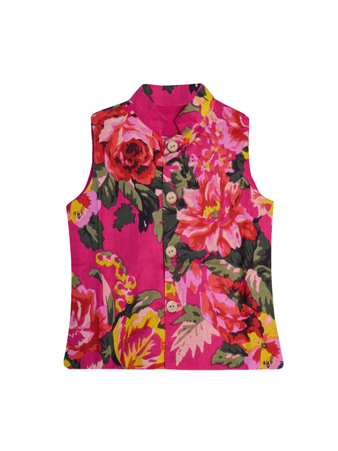 A.T.U.N. Boys Magenta & Green Floral Printed Pure Cotton Nehru Jacket-picture-18