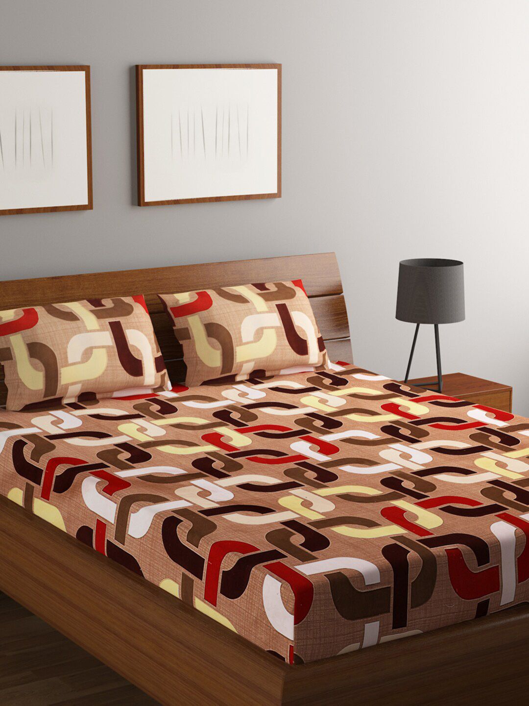 RUGSMITH Brown & Red Geometric 200 TC Queen Bedsheet with 2 Pillow Covers-image-11