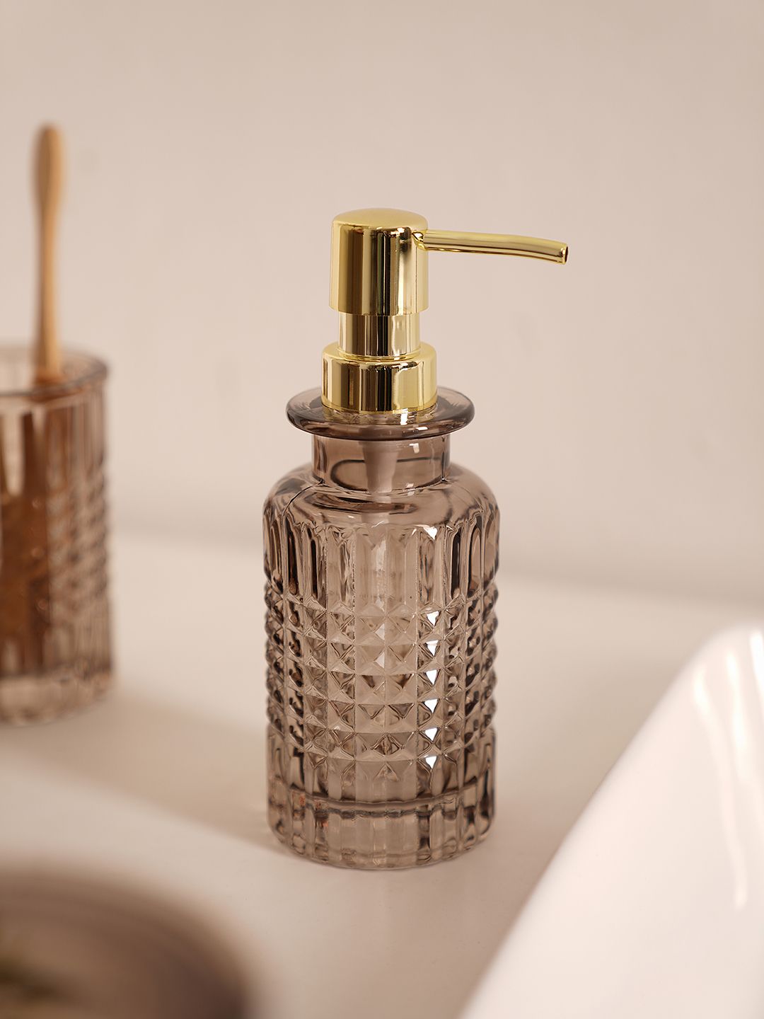 Pure Home and Living Brown Diamond Texture Glass Soap Dispenser-picture-33
