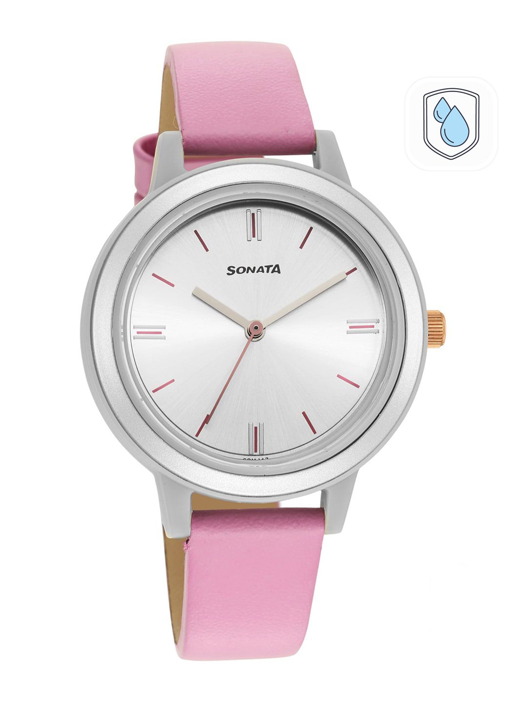 Sonata Women Silver-Toned Dial & Pink Leather Straps Analogue Watch 87036PL09W