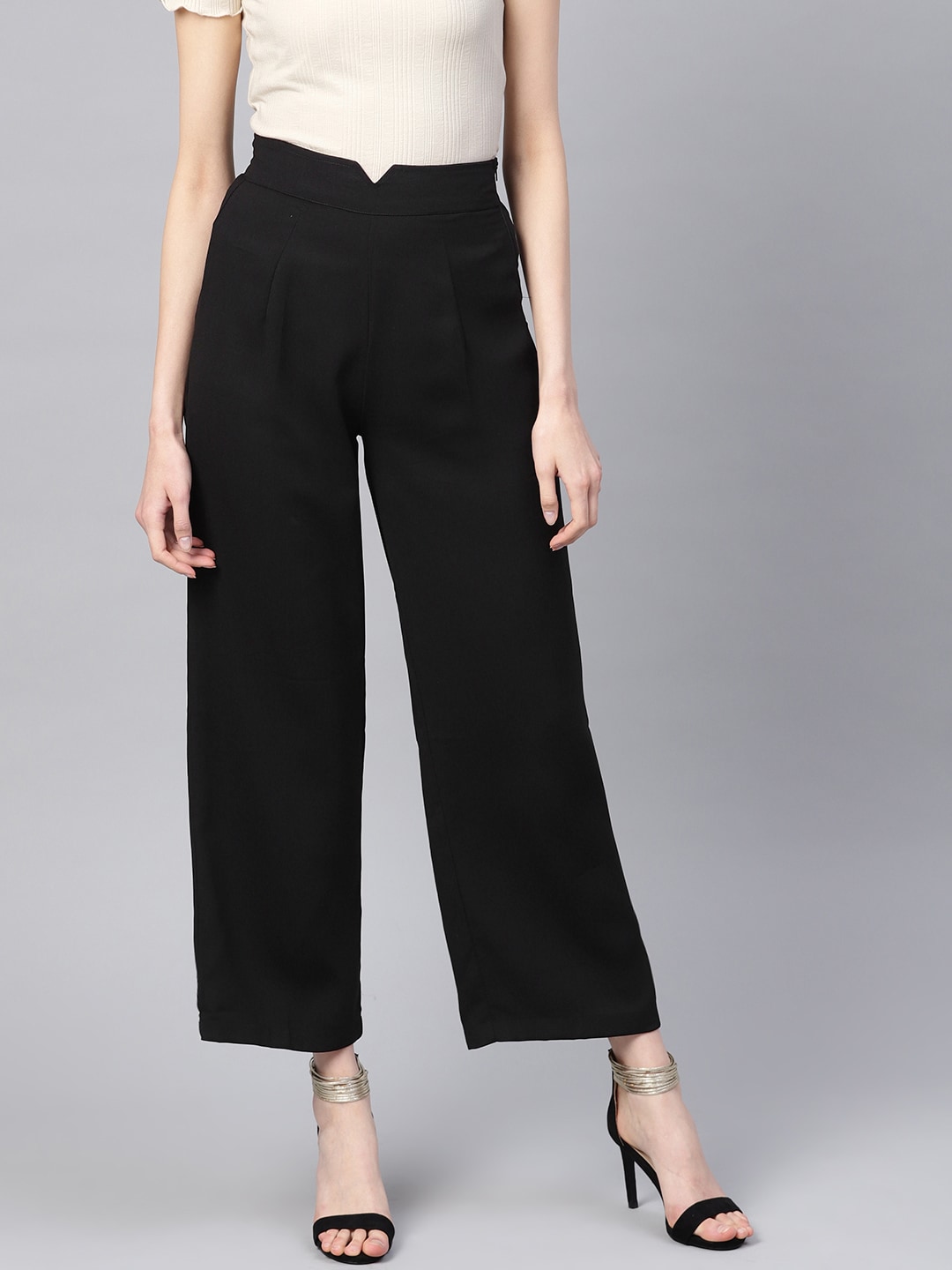 SASSAFRAS Women Black Solid Regular Fit Parallel Trousers