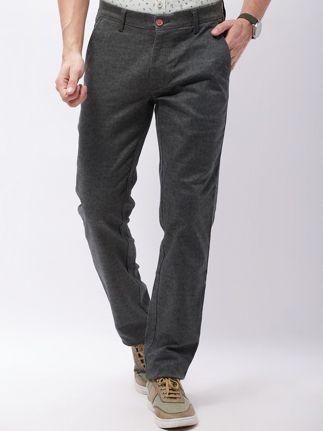 Shop Oxemberg Men Charcoal Slim Fit Solid Formal Trouser Online