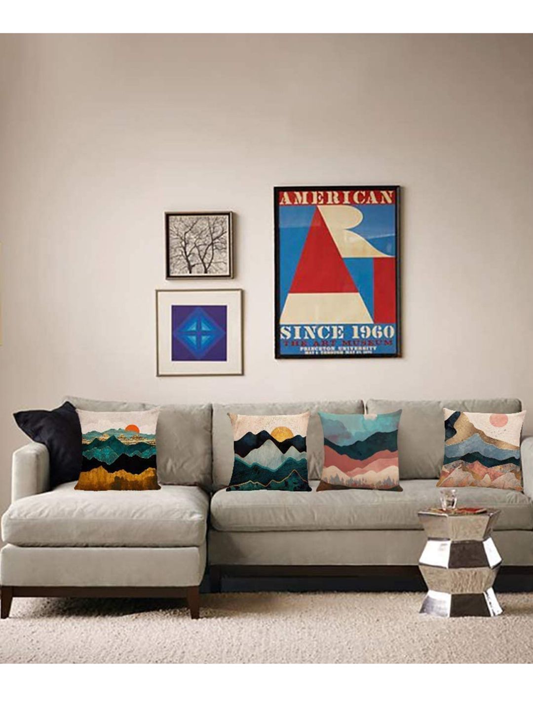 AAZEEM White & Teal Set of 5 Abstract Velvet Square Cushion Covers-picture-15