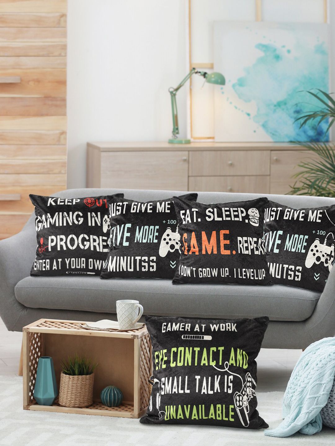 AAZEEM Set of 5 Black Abstract Printed Square Cushion Covers-picture-35