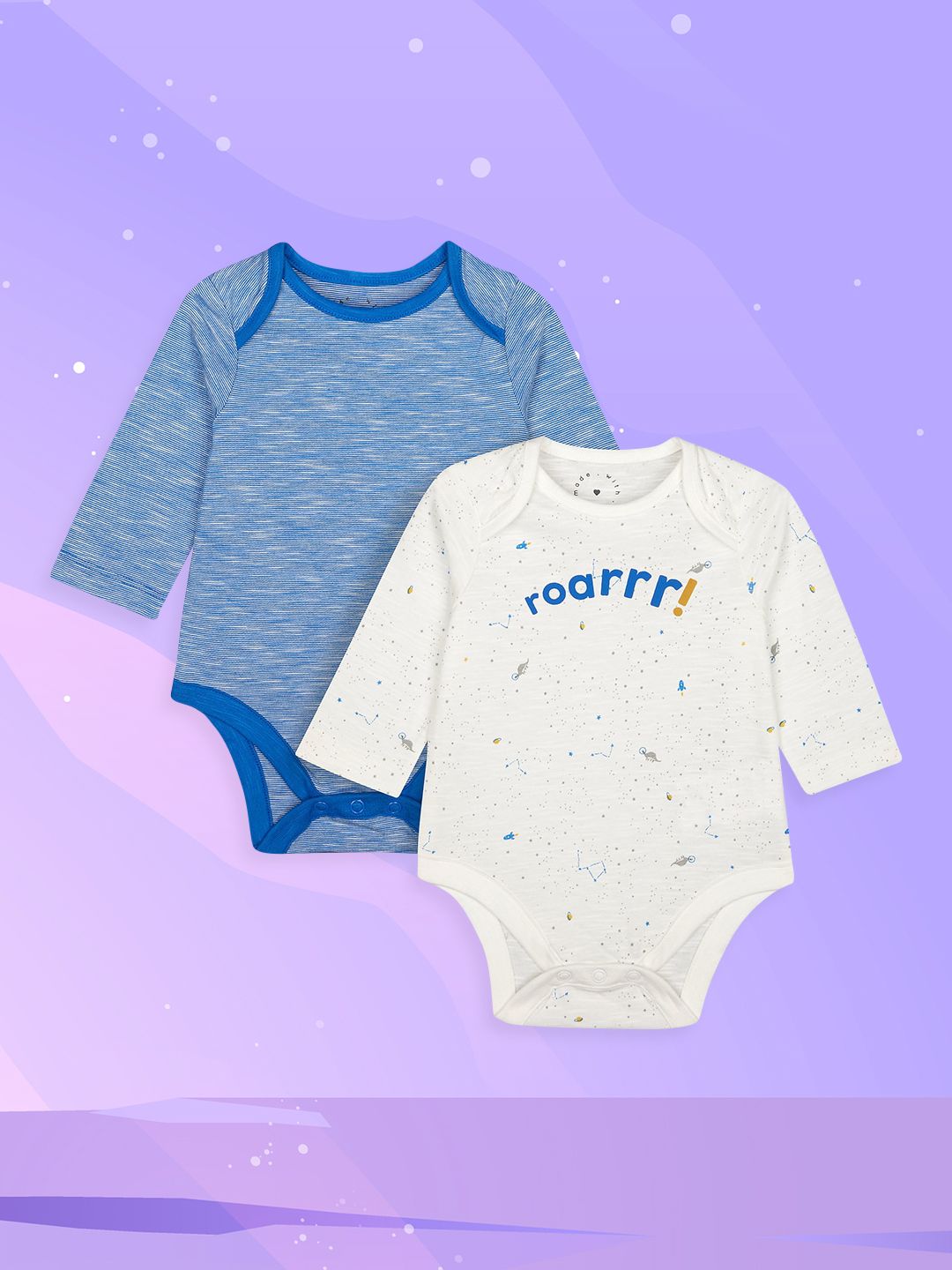 mothercare Infant Boys Blue & White Pack Of 2 Printed & Solid Pure Cotton Bodysuits-picture-14