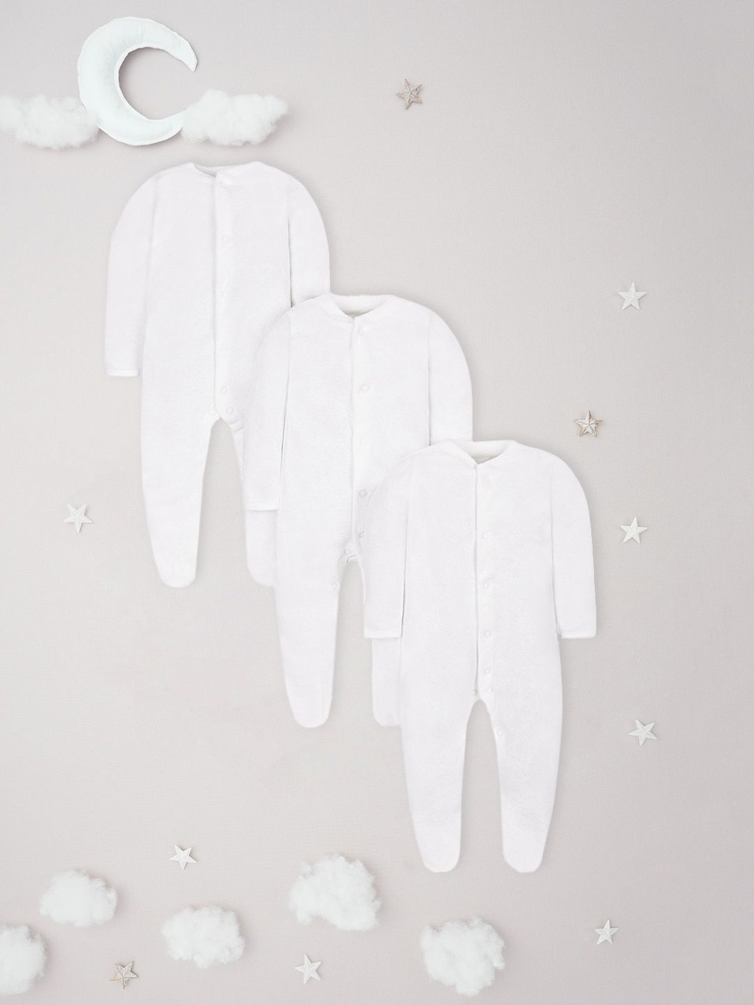 mothercare Infants Unisex Pack Of 3 White Solid V-Neck Regular Sleeves Sleepsuits-picture-24