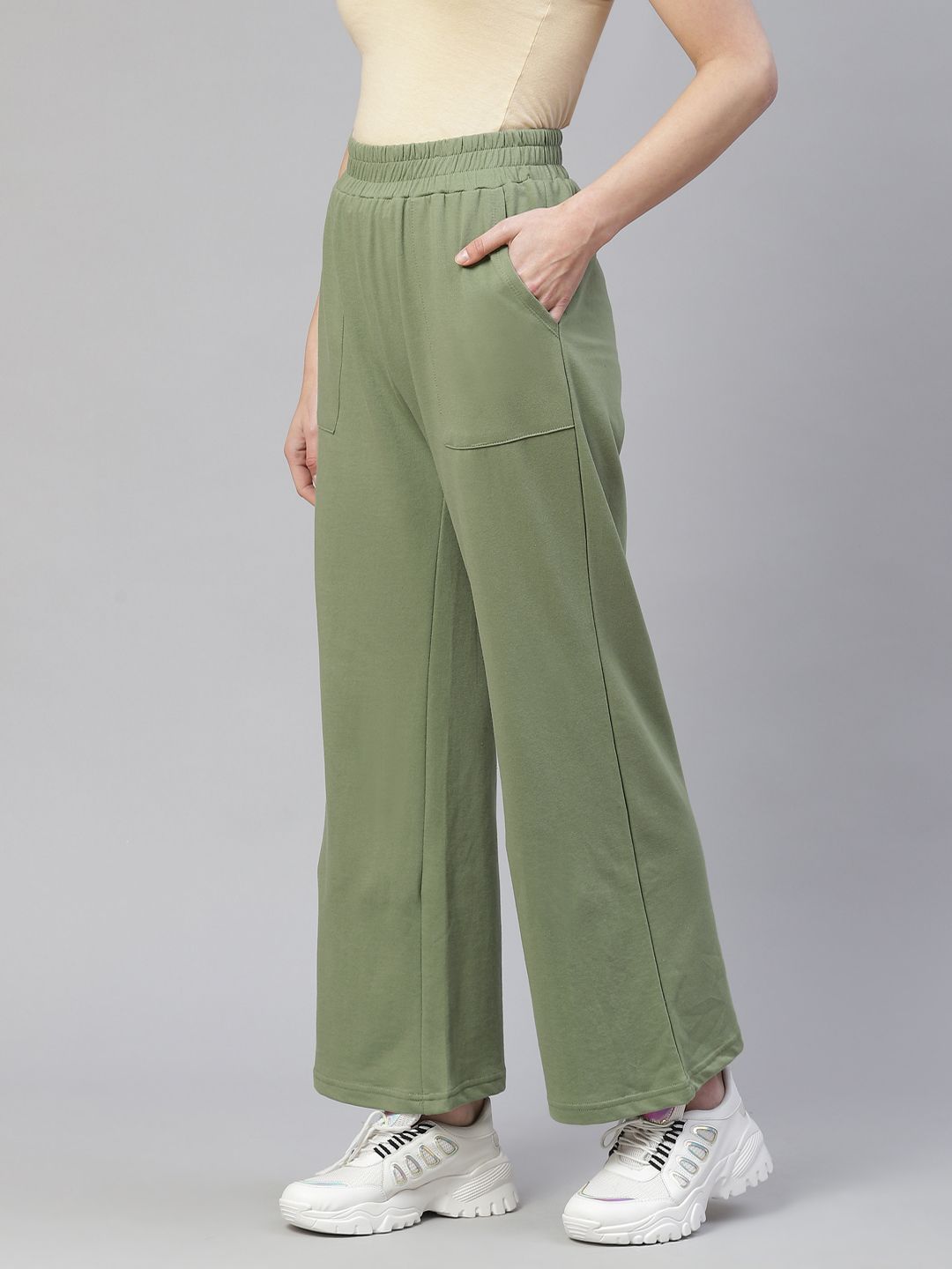 Femea Women Olive Green Solid Cotton Wide Leg Track Pants