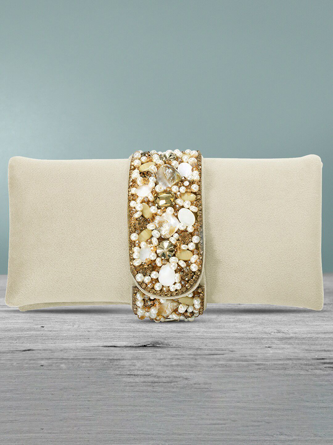 Peora Women Cream & Gold Toned Embellished Purse Clutch-picture-39
