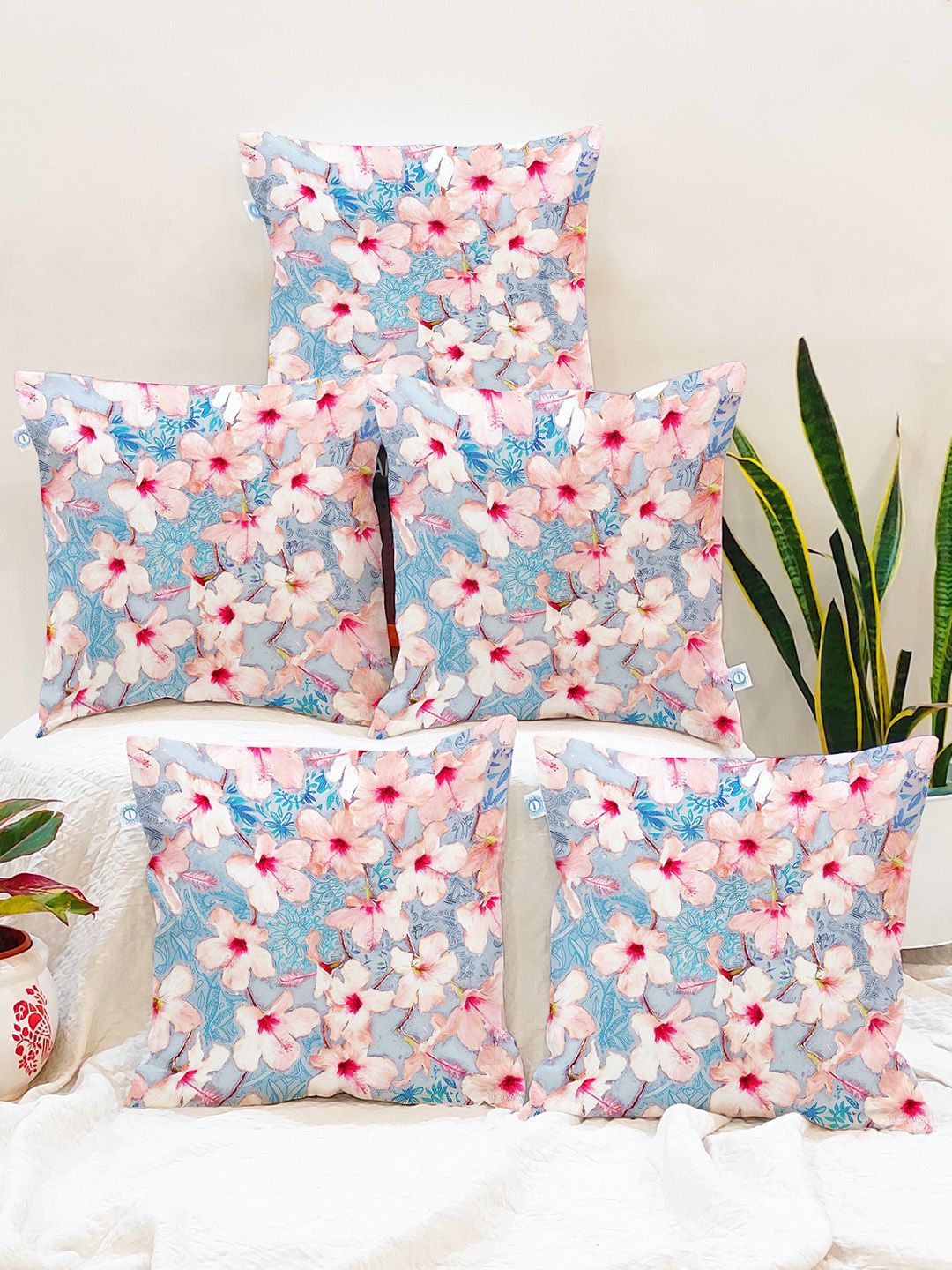 STITCHNEST Pink & Blue Set of 5 Floral Square Cushion Covers-picture-13