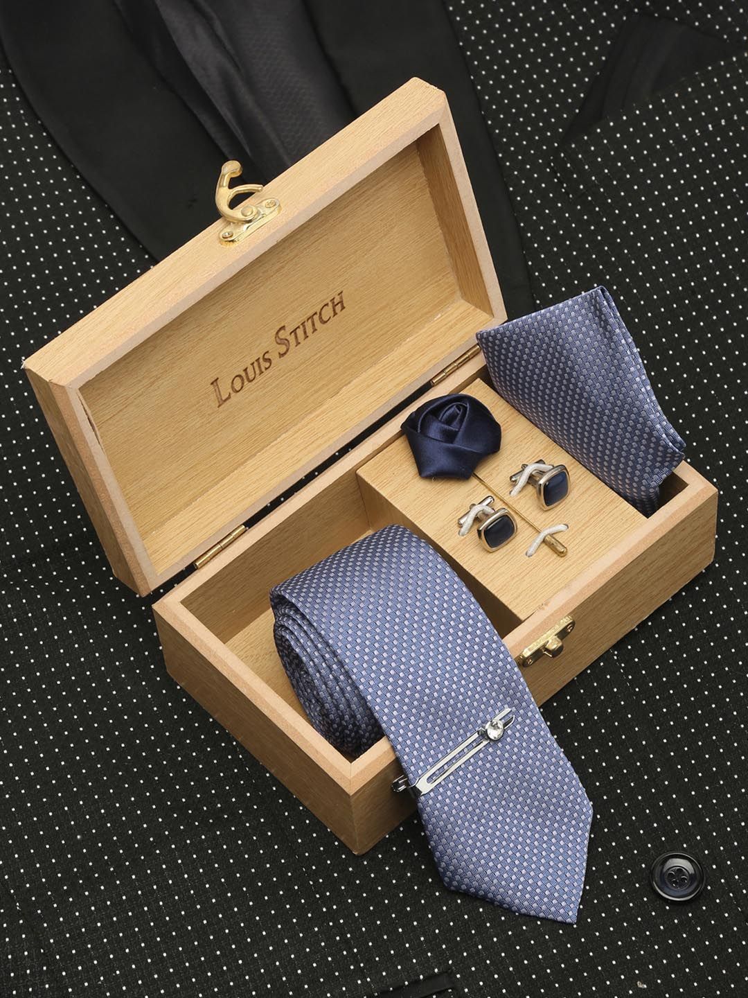 LOUIS STITCH Men Ash Blue Italian Silk Necktie Accessory Gift Set-picture-11