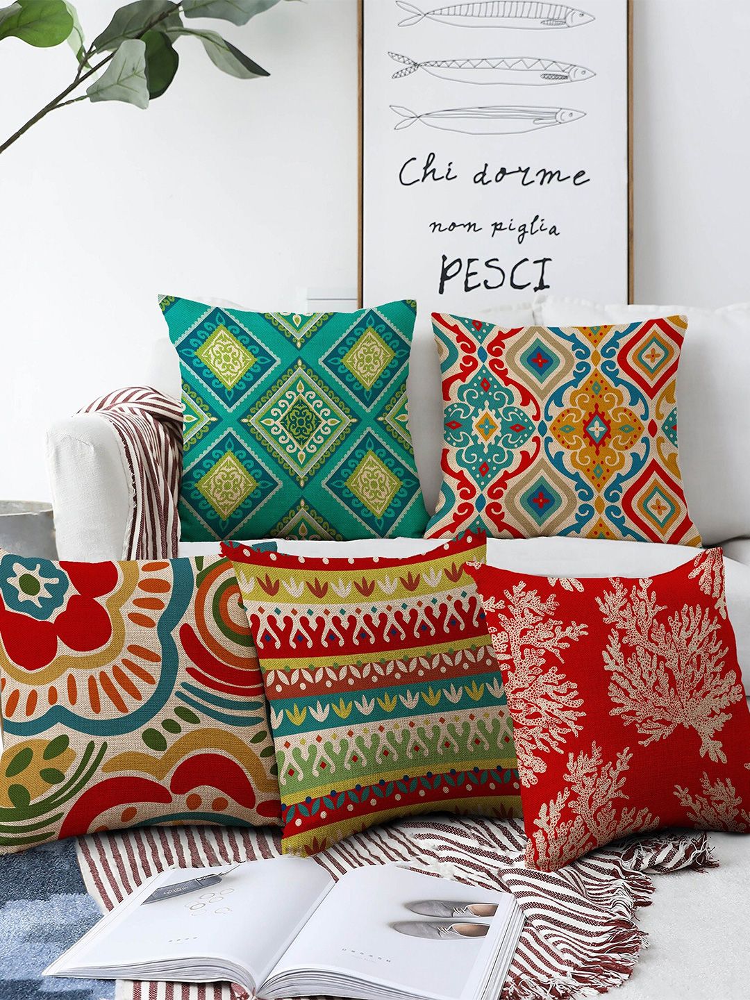 AEROHAVEN Red & Blue Set Of 5 Ethnic Motif Printed Square Cushion Covers-picture-52