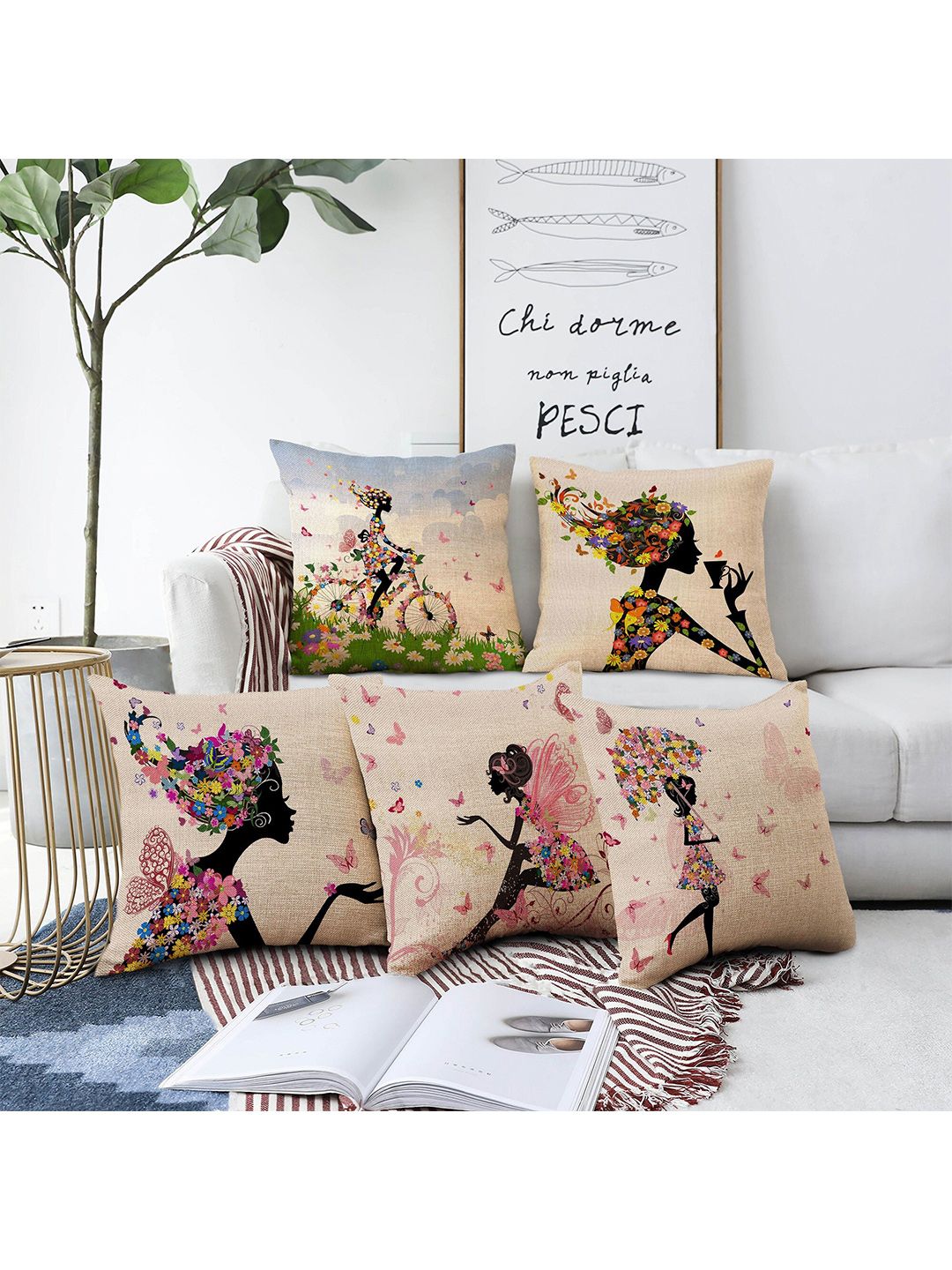 AEROHAVEN Beige & White 5 Pieces Quirky Printed Square Cushion Covers-picture-16