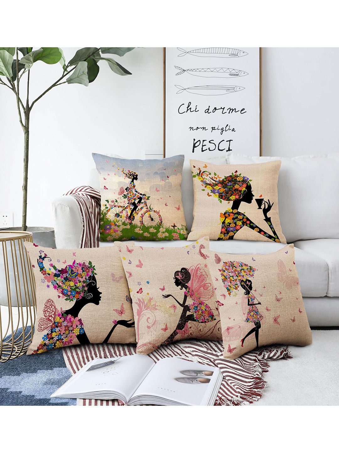 AEROHAVEN Beige & Pink 5 Pieces Quirky Printed Square Cushion Covers-picture-17