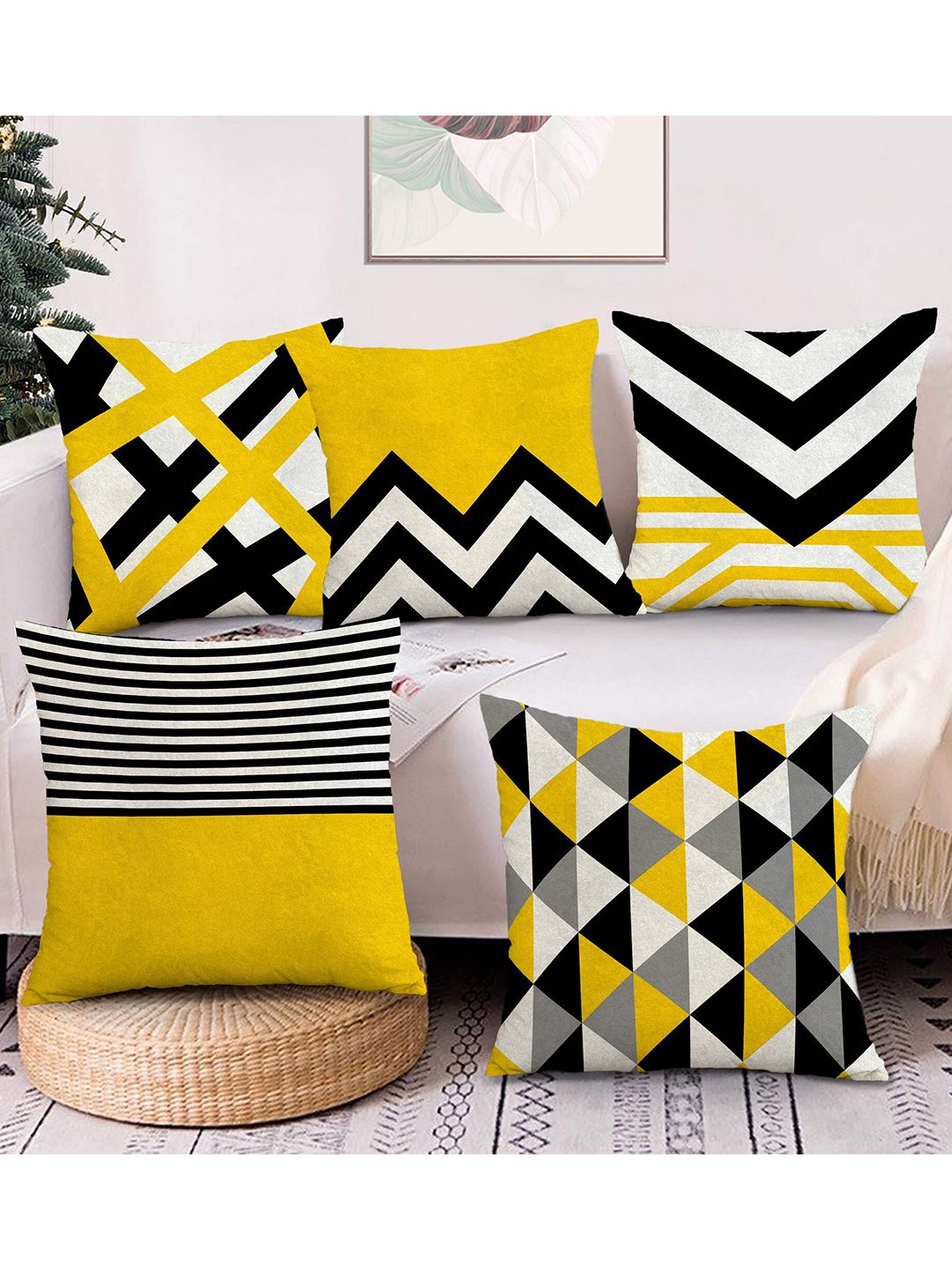 AEROHAVEN Black & White 5 Pieces Geometric Velvet Square Cushion Covers-picture-26