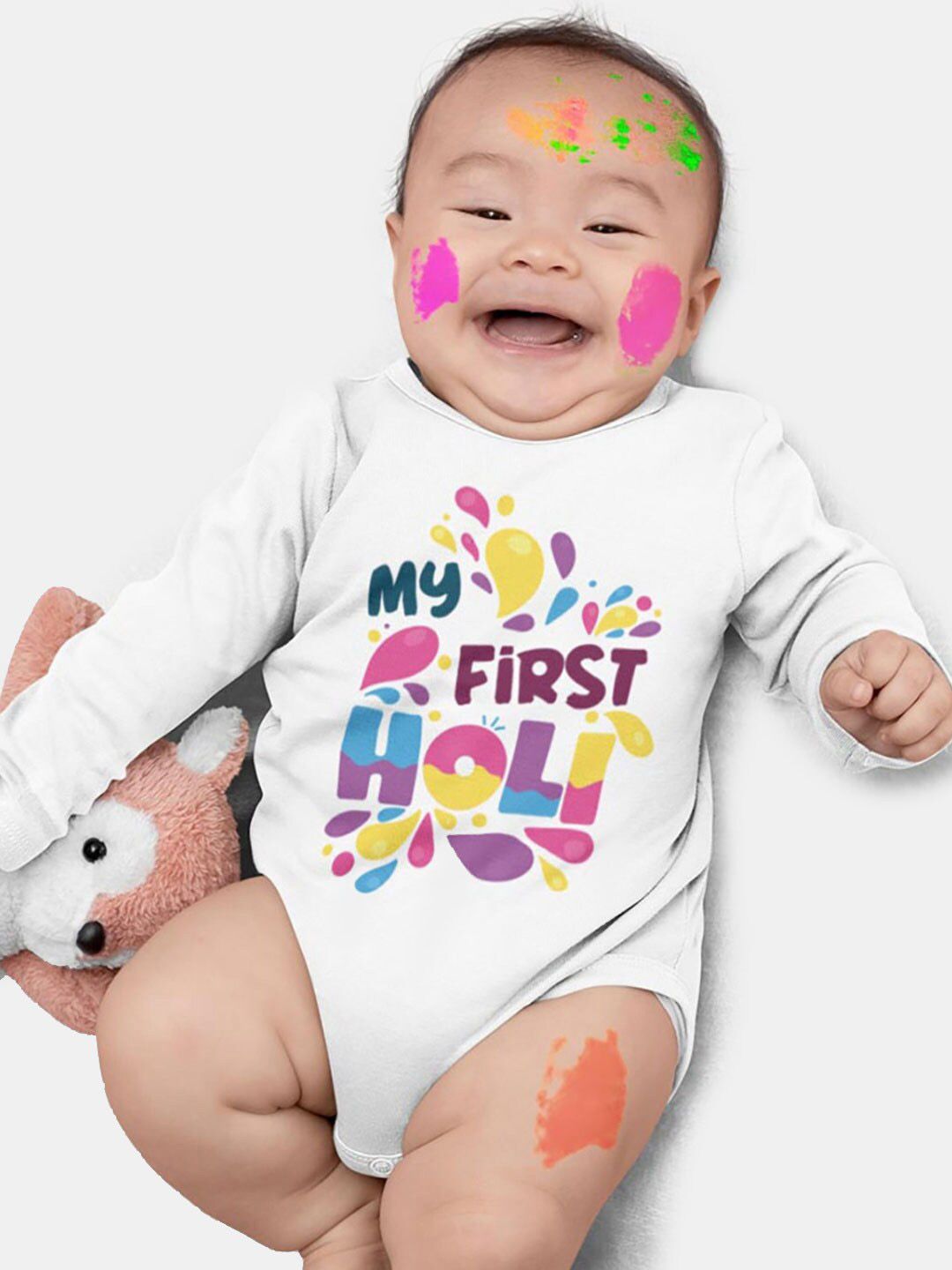 BONKIDS Infant Kids White & Pink My First Holi Printed Cotton Bodysuit