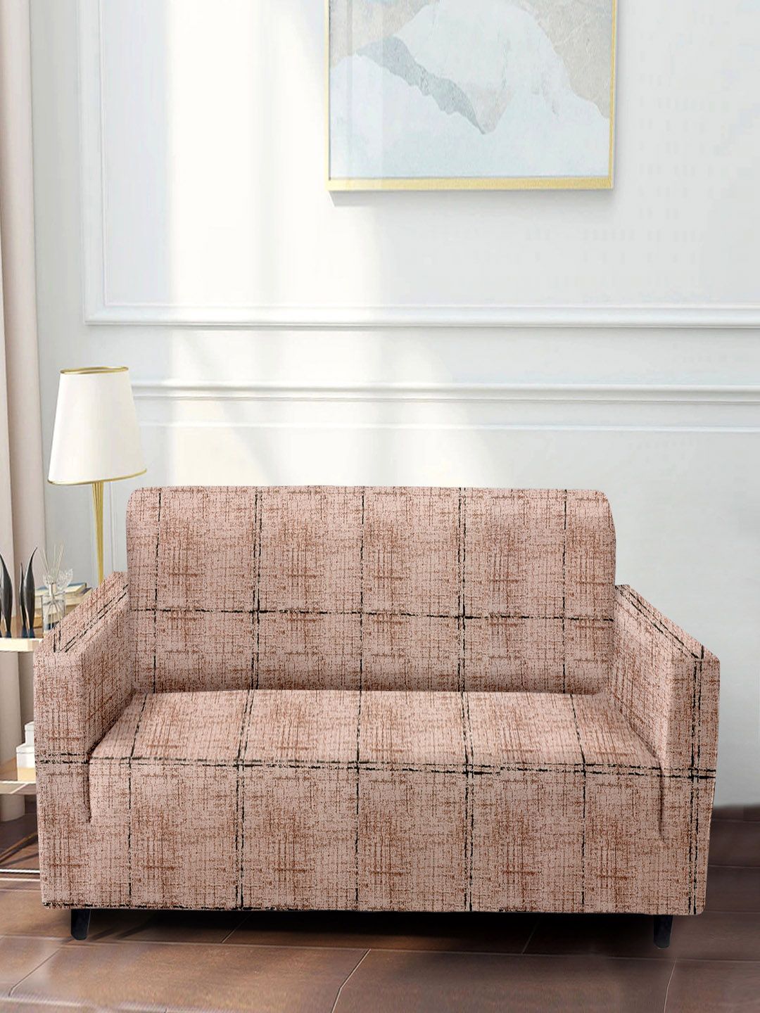Cortina Beige Printed 2-Seater Stretchable Non-Slip Sofa Slipcover-image-34