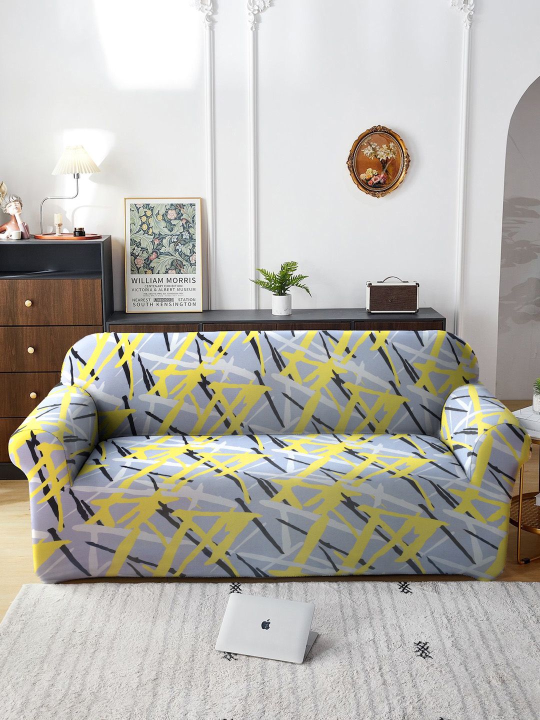 Cortina Yellow & Grey Printed 3-Seater Stretchable Non-Slip Sofa Slipcover-image-46