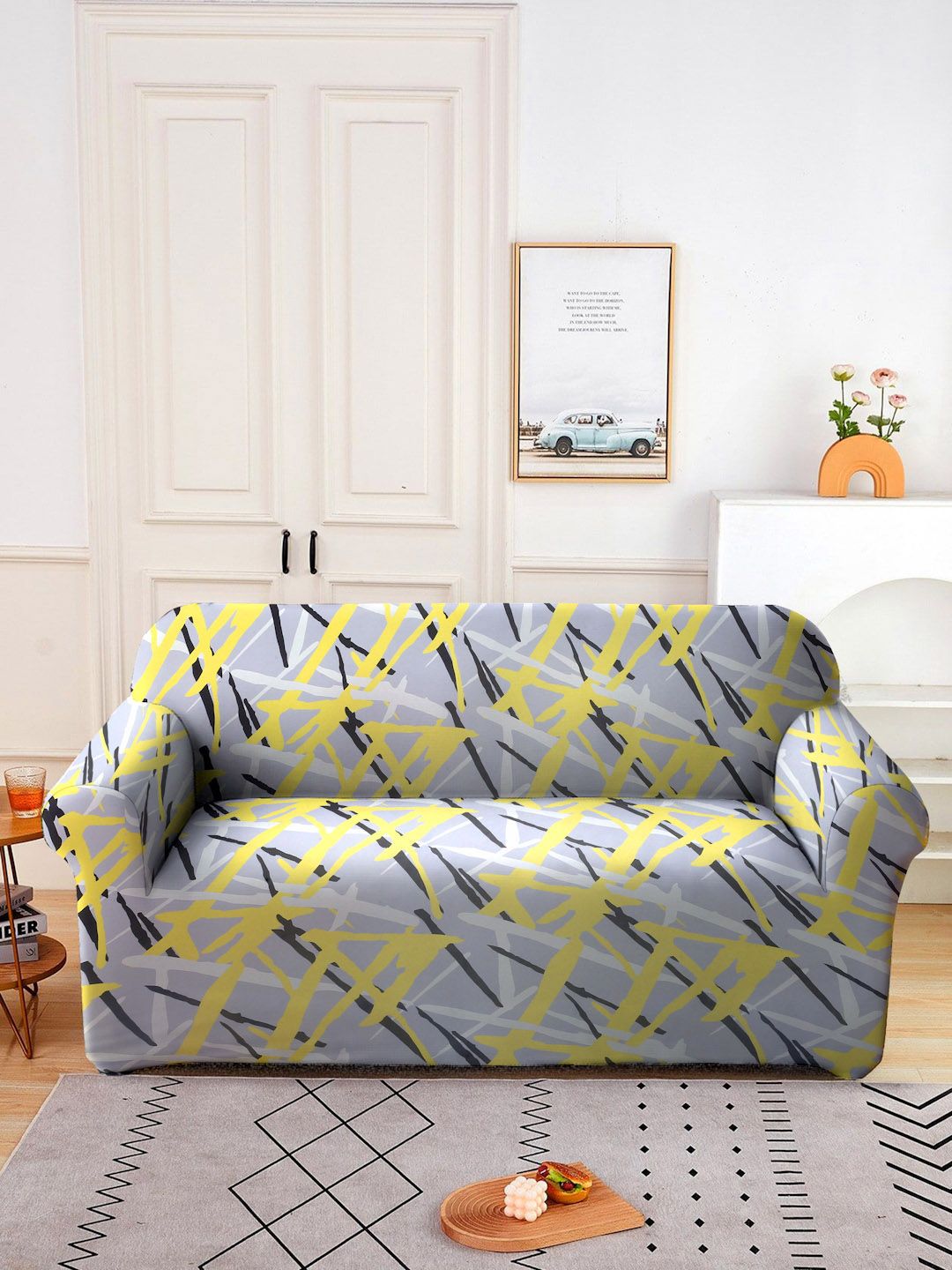 Cortina Yellow & Grey Printed 2-Seater Stretchable Non-Slip Sofa Slipcover-image-30