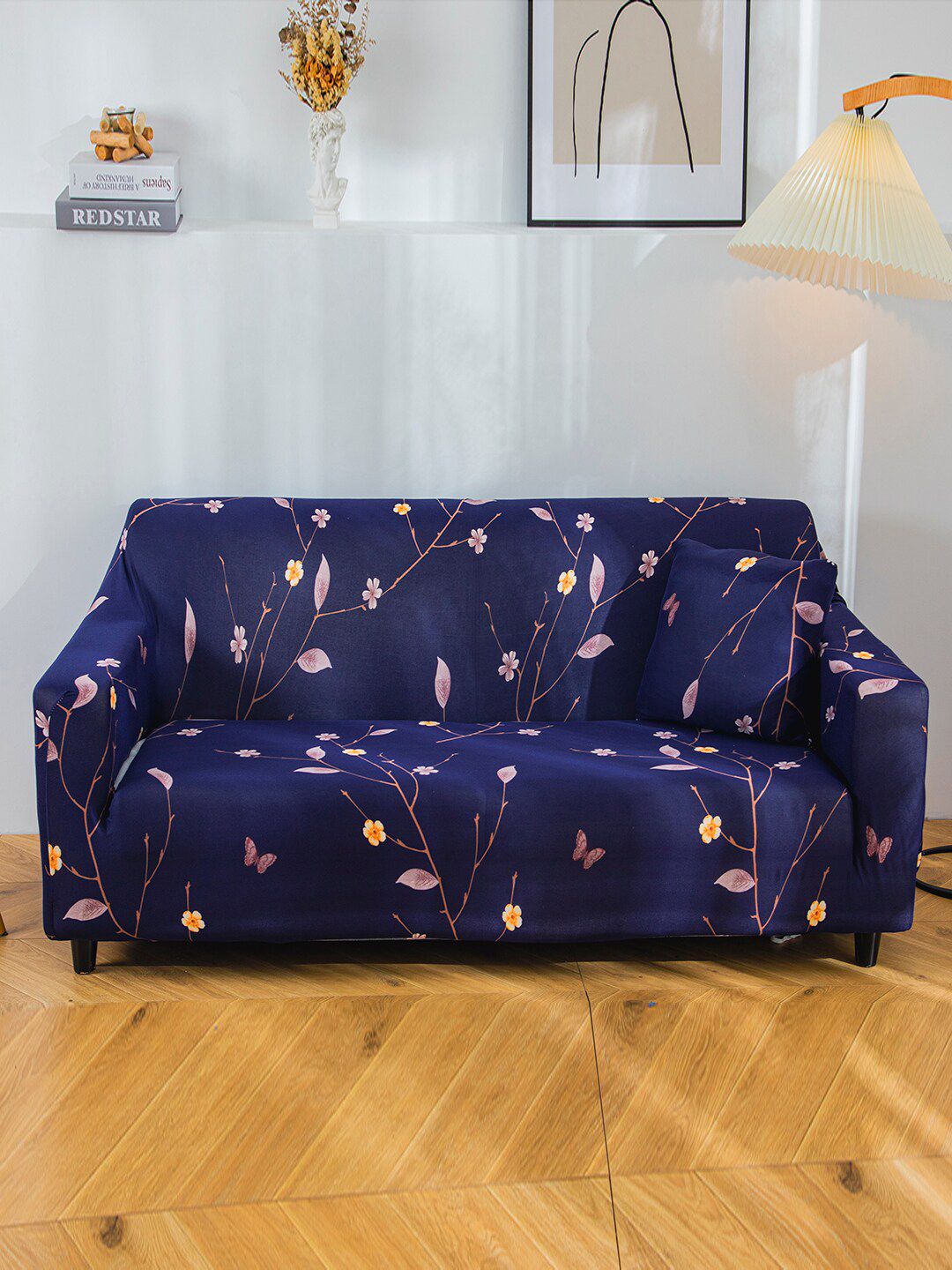 HOUSE OF QUIRK Navy Blue Printed 1-Seater Stretchable Non-Slip Sofa Cover-picture-23
