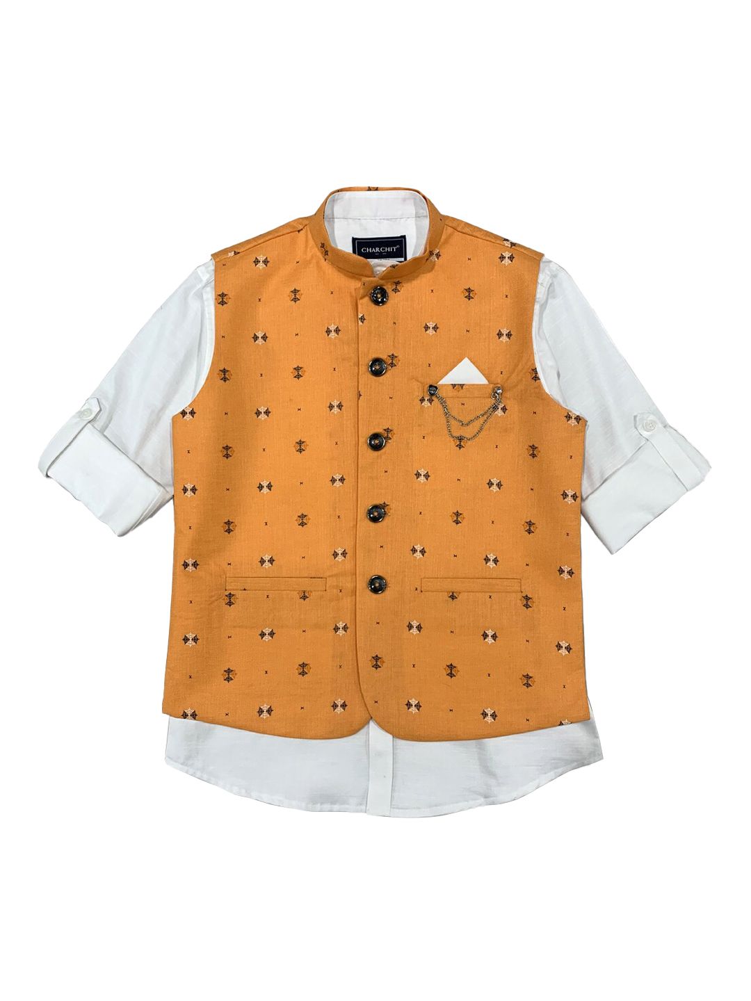 CHARCHIT Boys Orange Printed Nehru Jacket-picture-18