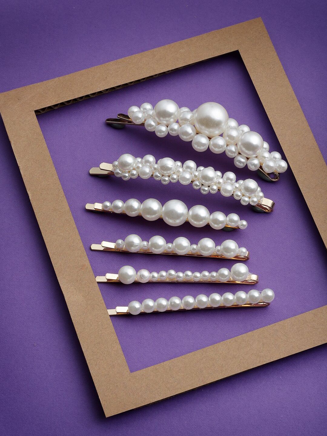 PANASH Women Set of 6 Gold-Toned & White Beaded Bobby Pins-image-38