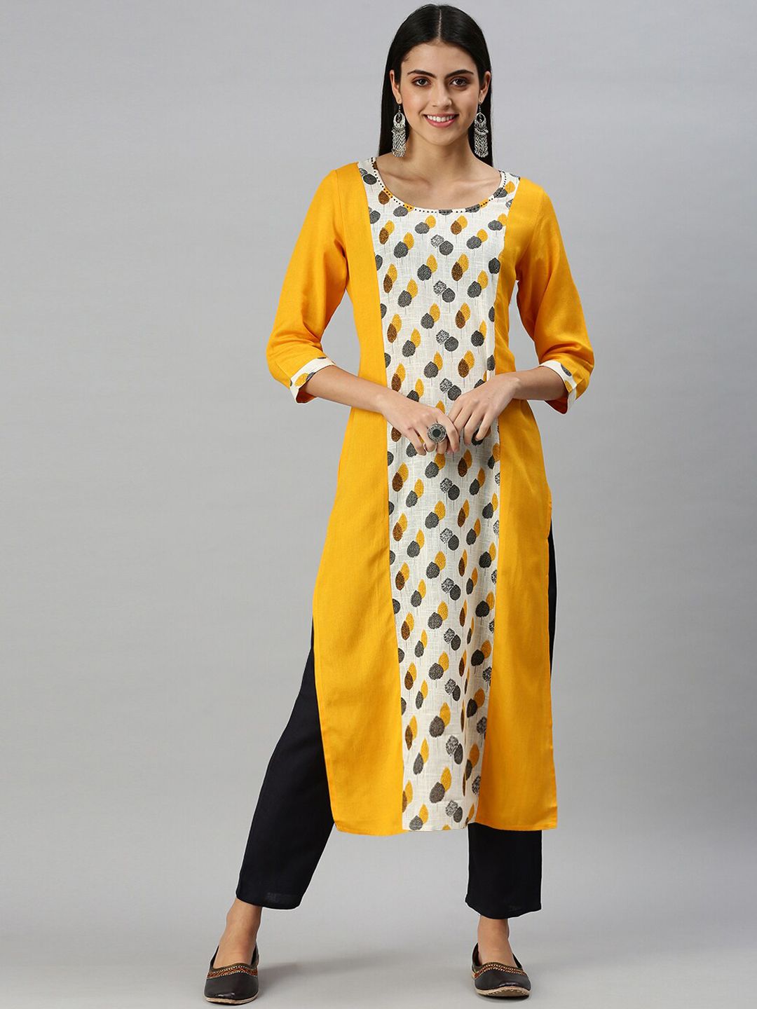SHOWOFFFF Women Yellow Ethnic Motifs Colourblocked Thread Work Kurta-picture-32