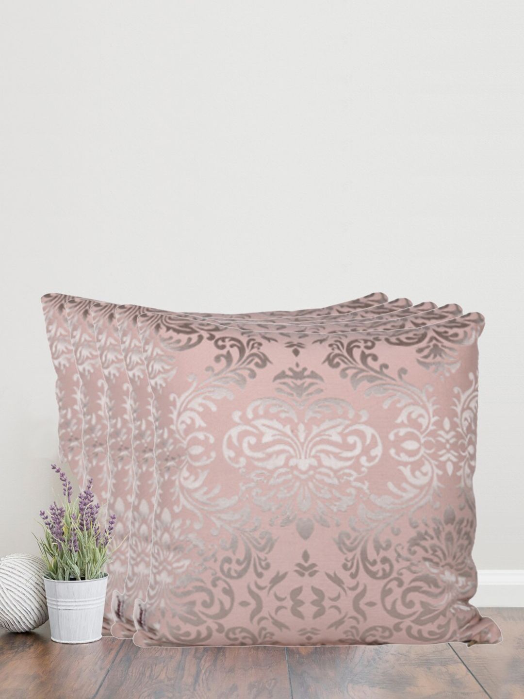 Home Pink & Silver-Toned Set of 5 Self Design Square Cushion Covers-picture-6