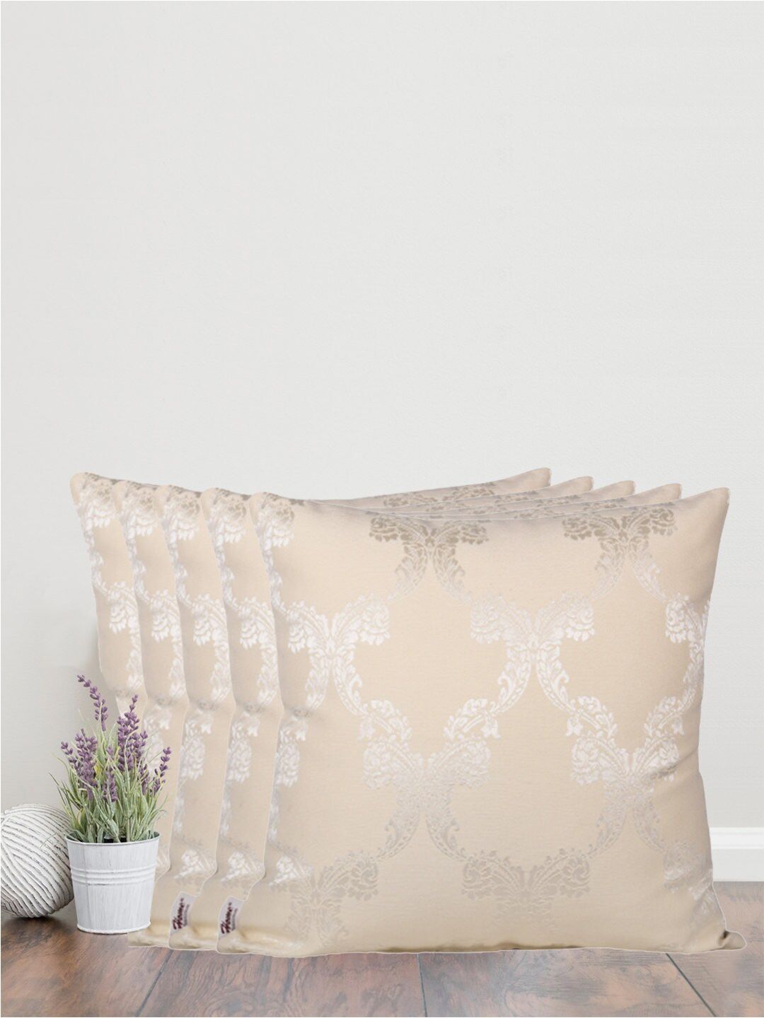 Home Cream-Coloured & Silver-Toned Set of 5 Self Design Square Cushion Covers-picture-7