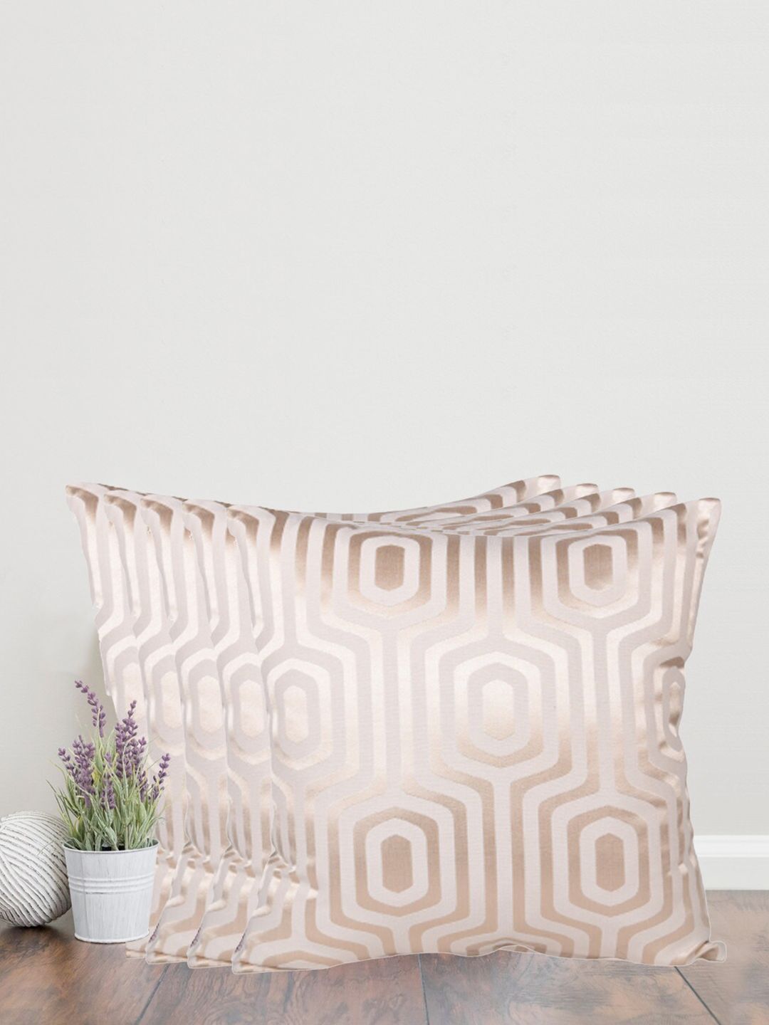 Home Cream-Coloured & Gold-Toned Set of 5 Self Design Square Cushion Covers-picture-9