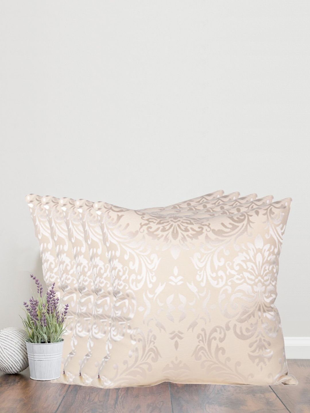 Home Cream-Coloured & Silver-Toned Set of 5 Self Design Square Cushion Covers-image-12