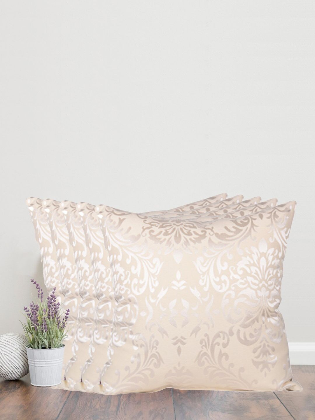 Home Cream-Coloured & Silver-Toned Set of 5 Self Design Square Cushion Covers-image-40