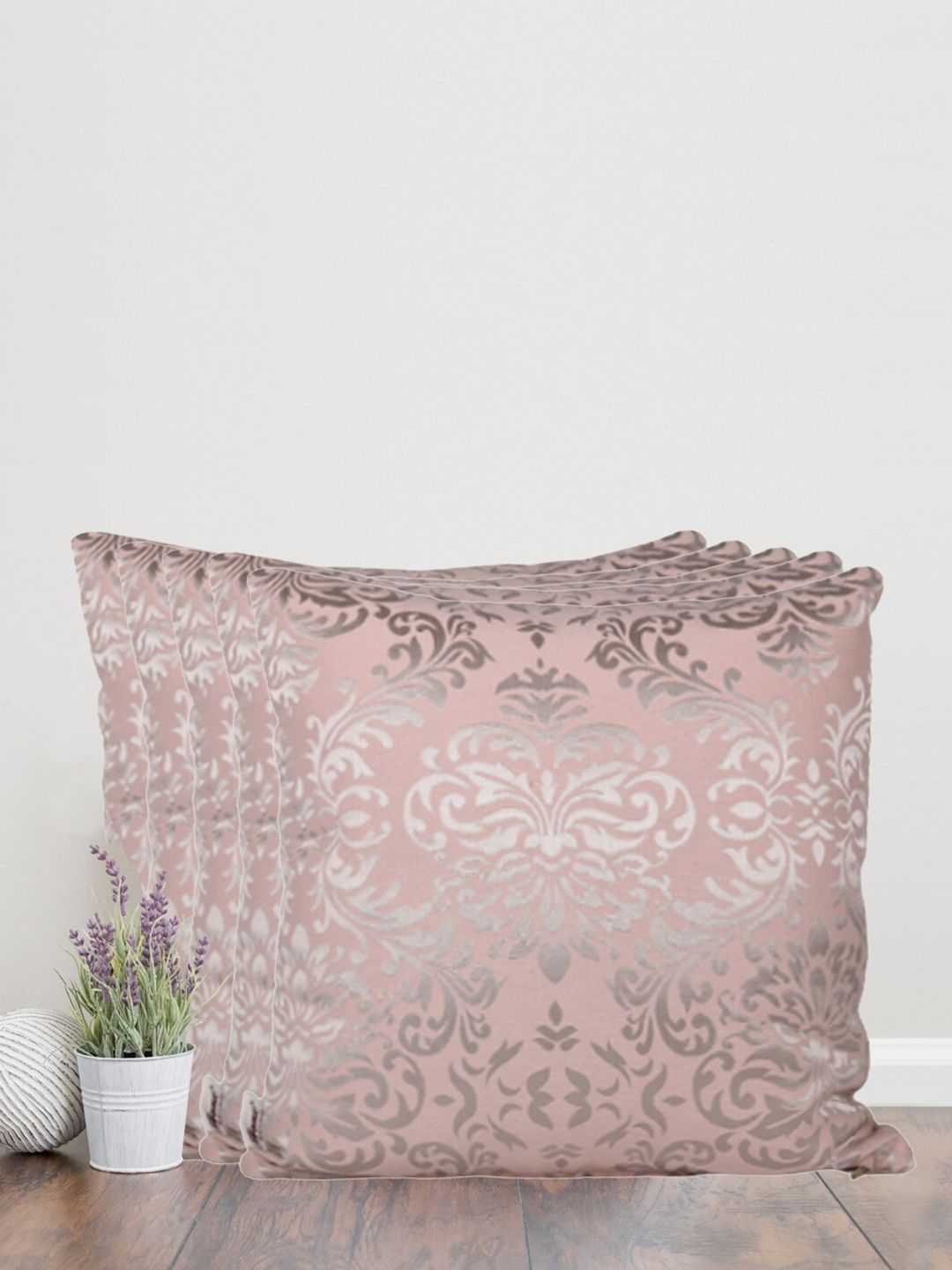 Home Pink & Silver-Toned Set of 5 Self Design Square Cushion Covers-picture-23