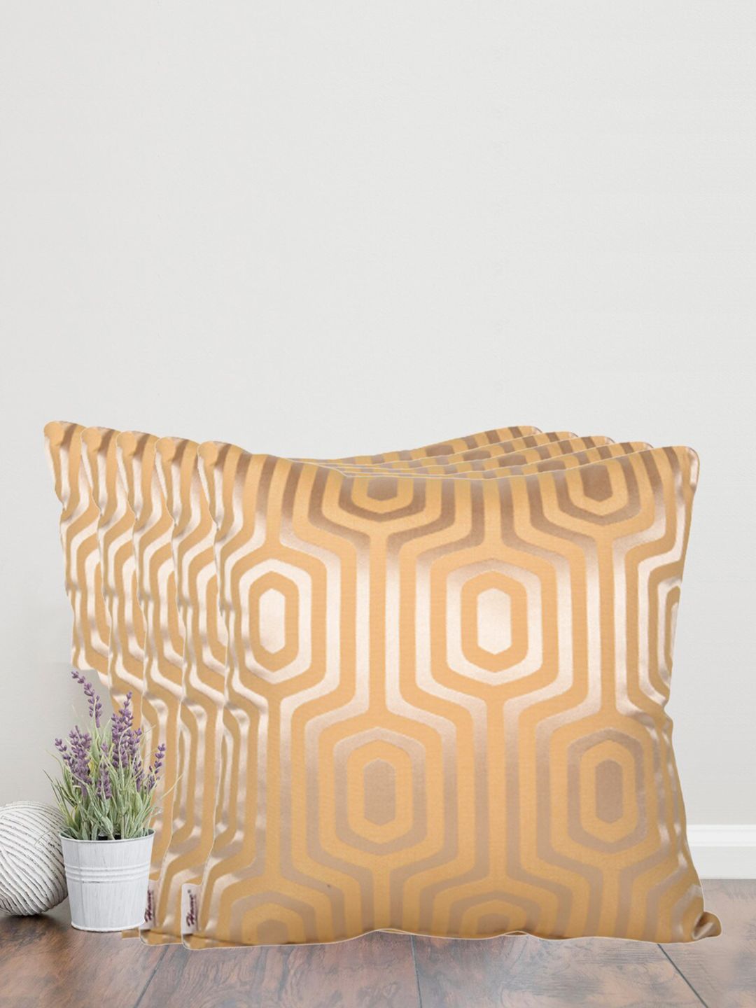 Home Mustard & Gold-Toned Set of 5 Self Design Square Cushion Covers-picture-37