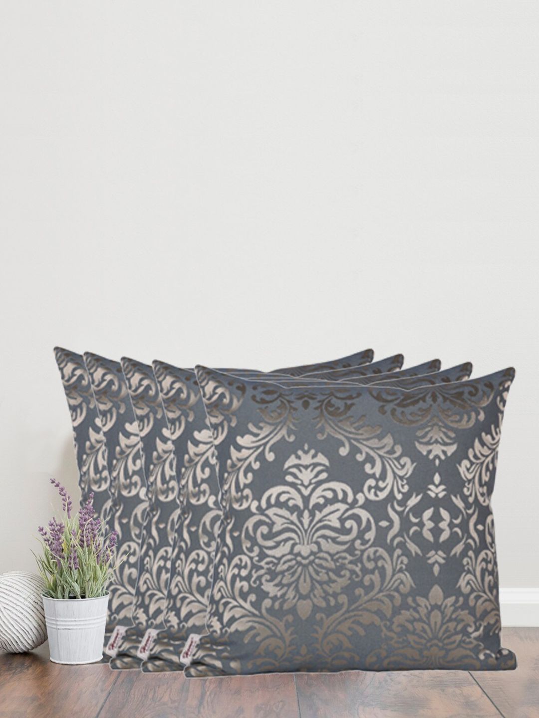 Home Blue & Gold-Toned Set of 5 Self Design Square Cushion Covers-picture-16