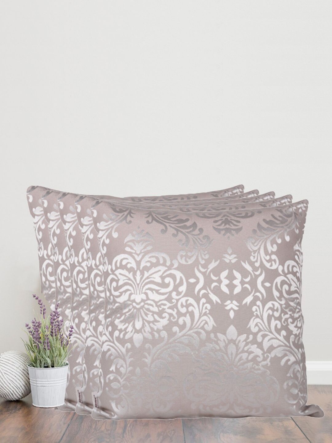 Home Silver-Toned & Cream-Coloured Set of 5 Self design Square Cushion Covers-picture-20