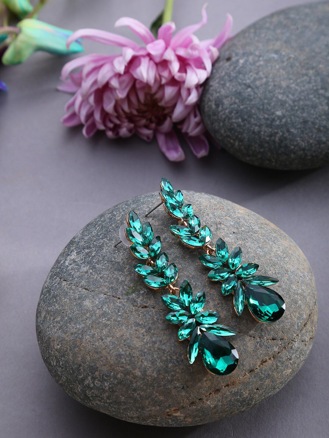 SOHI Green Stone Studded Leaf Contemporary Drop Earrings-picture-23