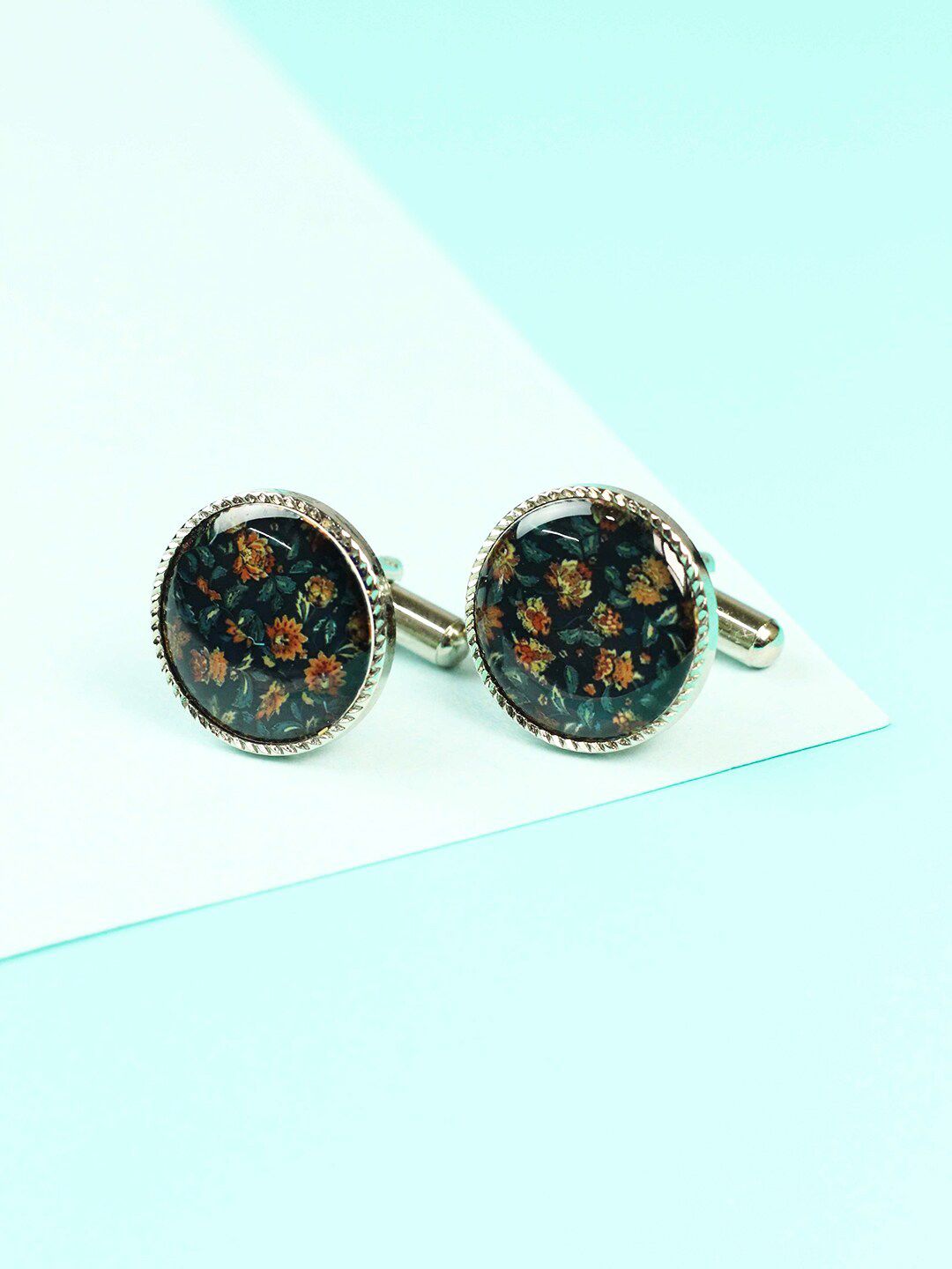 Tossido Men Blue & Brown Printed Design Round Metal Cufflinks-picture-10